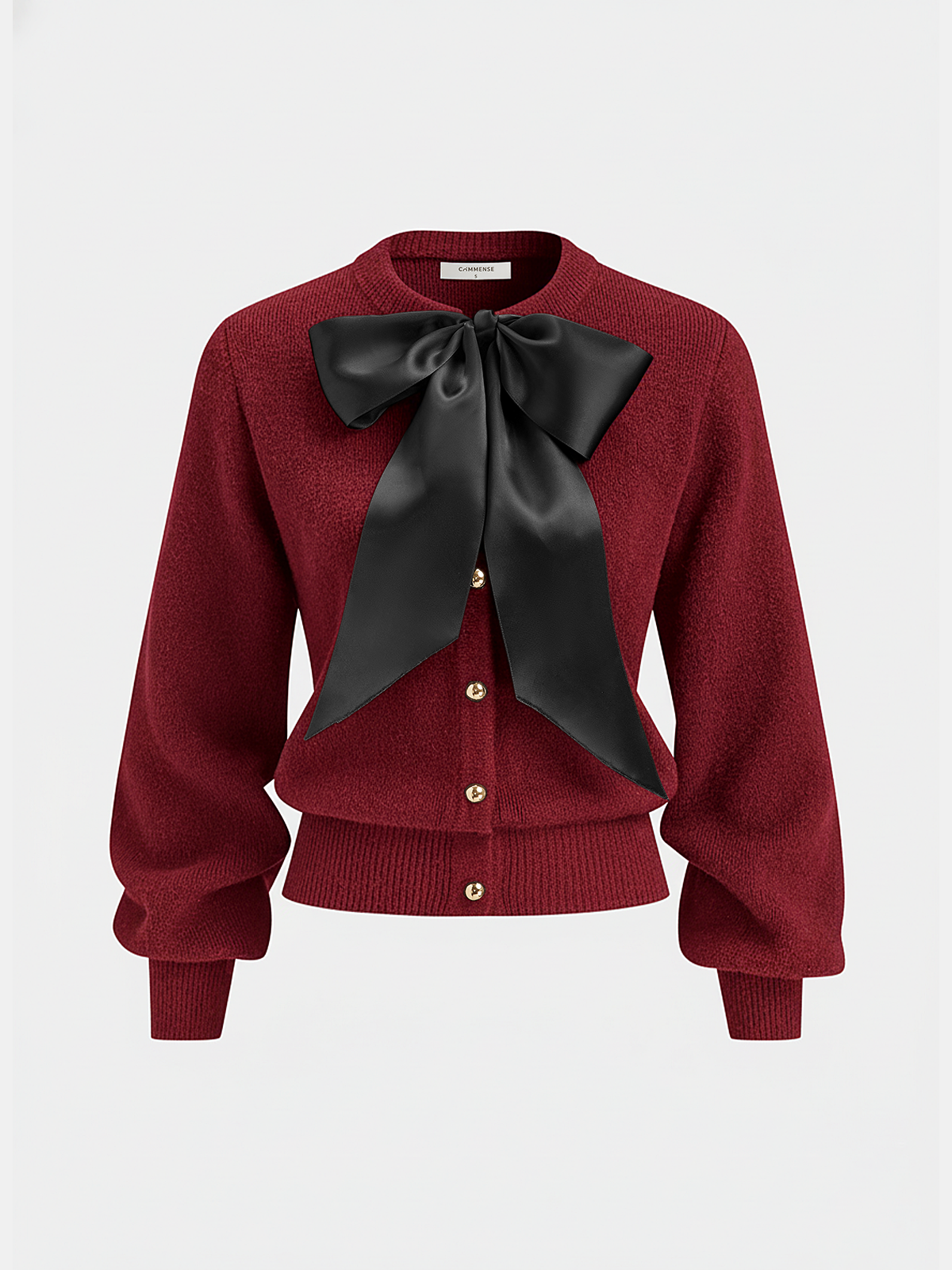 Bow Detail Metal Button Knit Cardigan with Front Pockets and Ribbed Trim