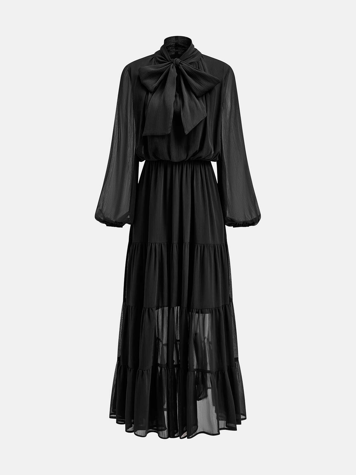 Chiffon Bow Long Sleeve Maxi Dress for Women Elegant Evening Party