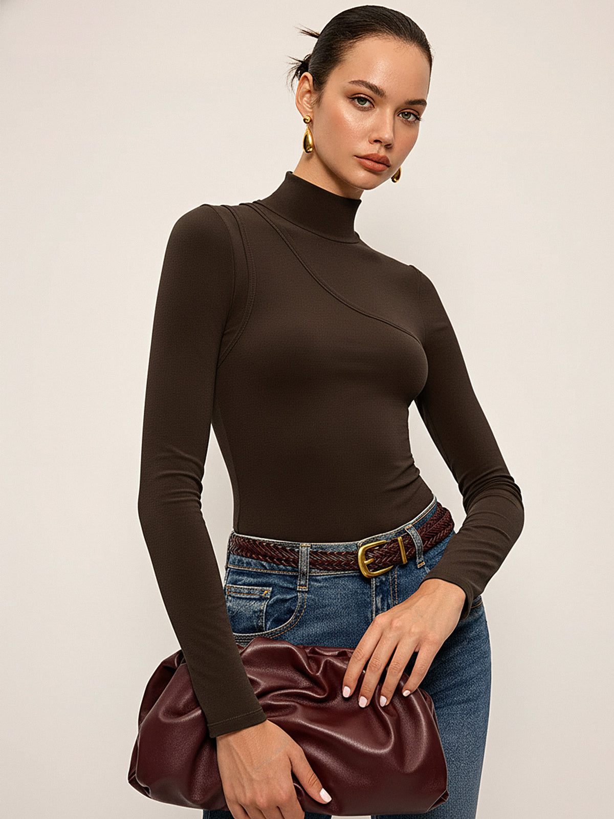 Seam Detail Mock Neck Long-Sleeve T-Shirt for Casual Wear