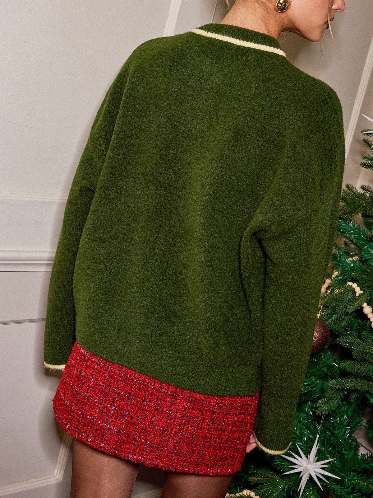 Wool Blend Contrast Trim Button Cardigan Cozy Comfort Essentials