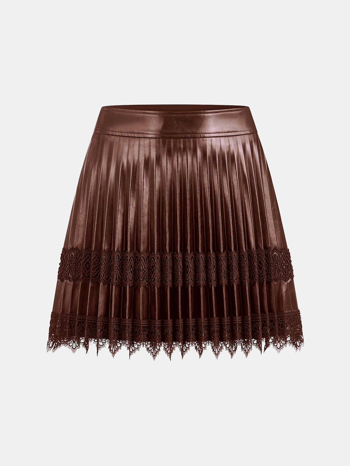 Faux Leather Pleated Lace Mini Skirt with High Waist Fit