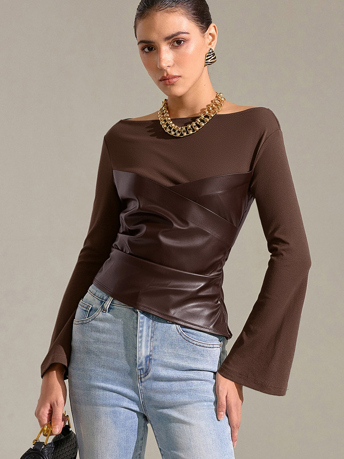 Flared Sleeve Faux Leather Panel Knit Top Women's Stylish Casual Wear