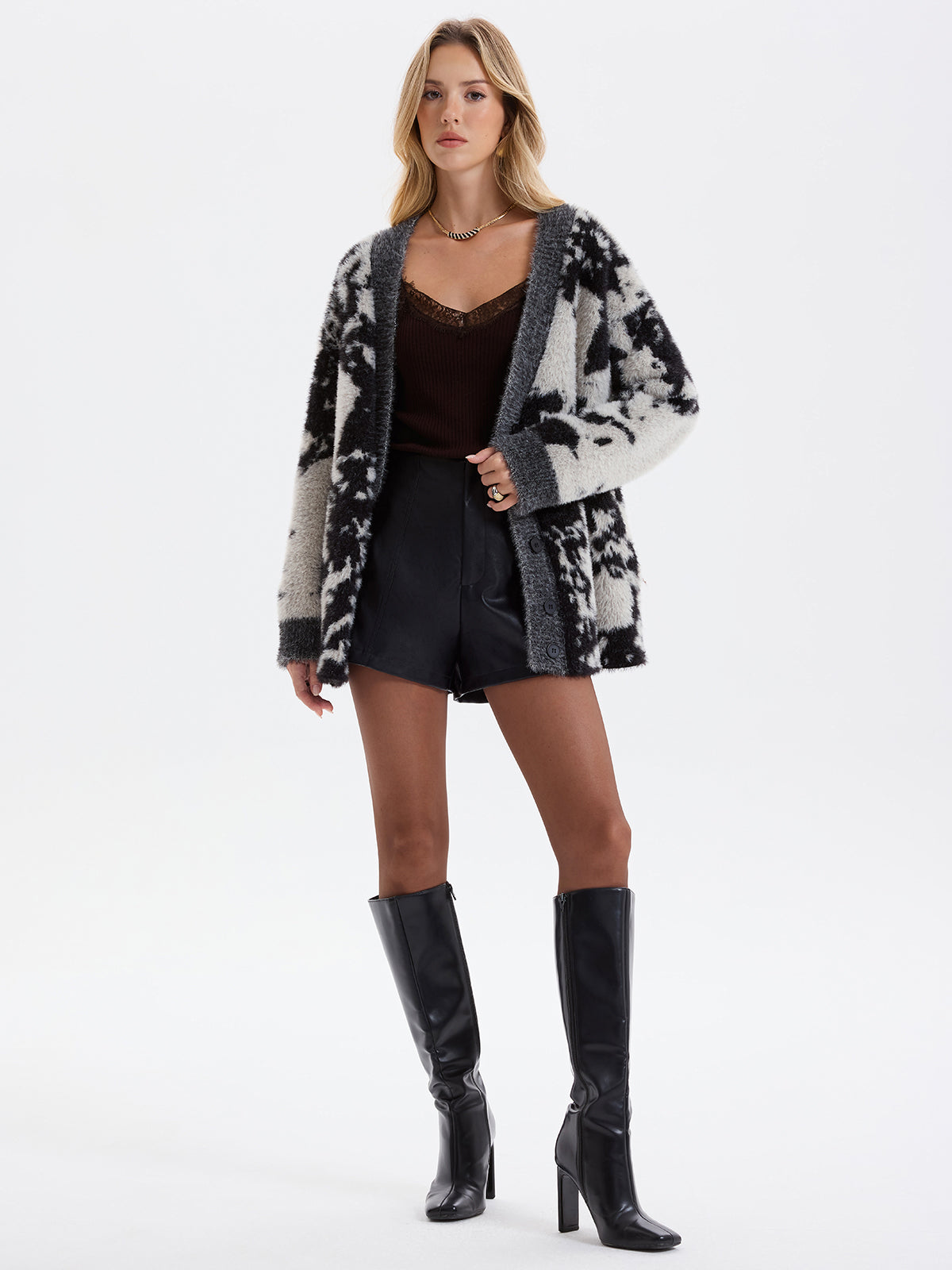 Cow Print Faux Mink Fur Cardigan Cozy Winter Fashion Layer