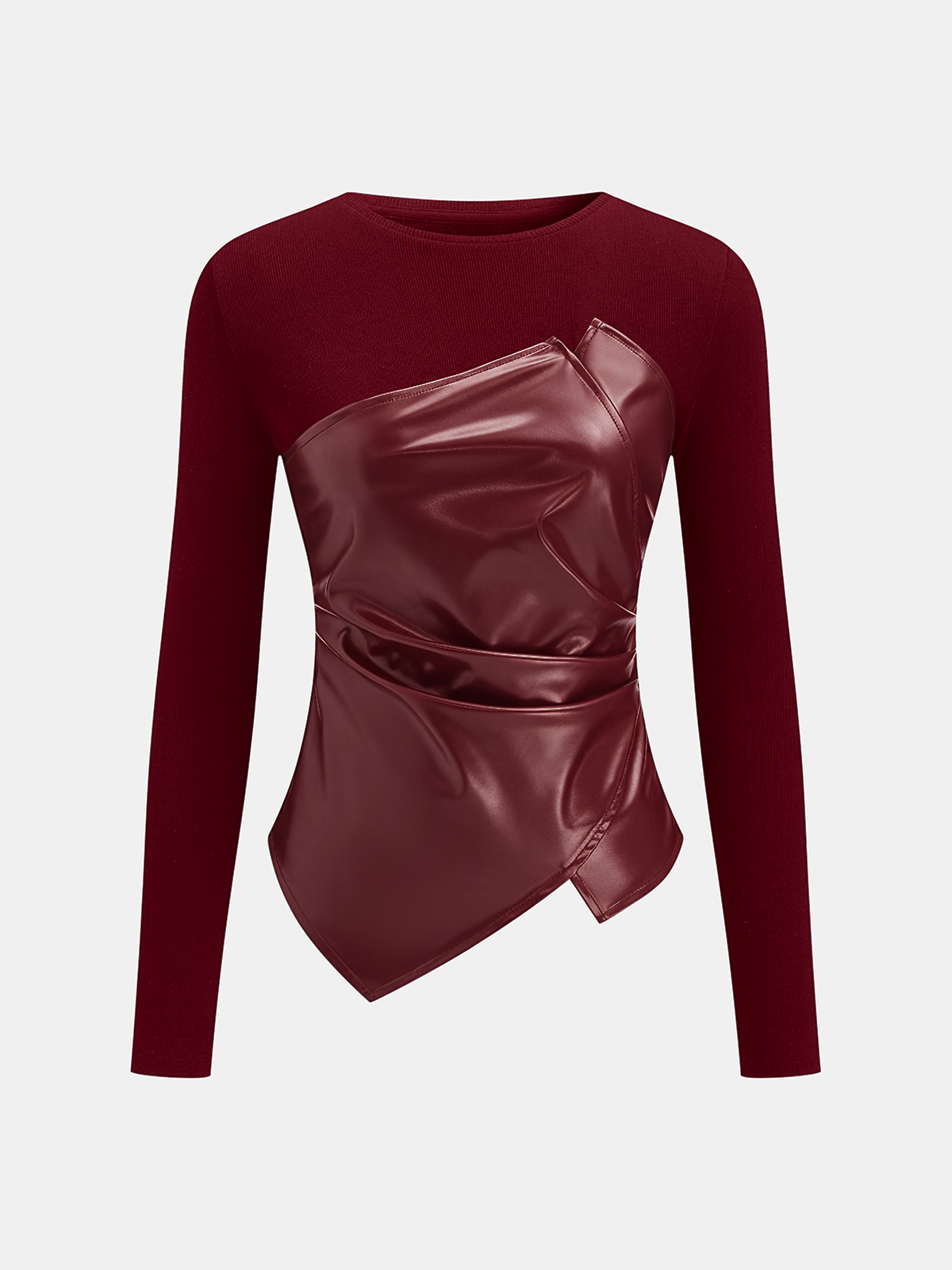 Faux Leather Panel Asymmetric Knit Top with Long Sleeves and Modern Design