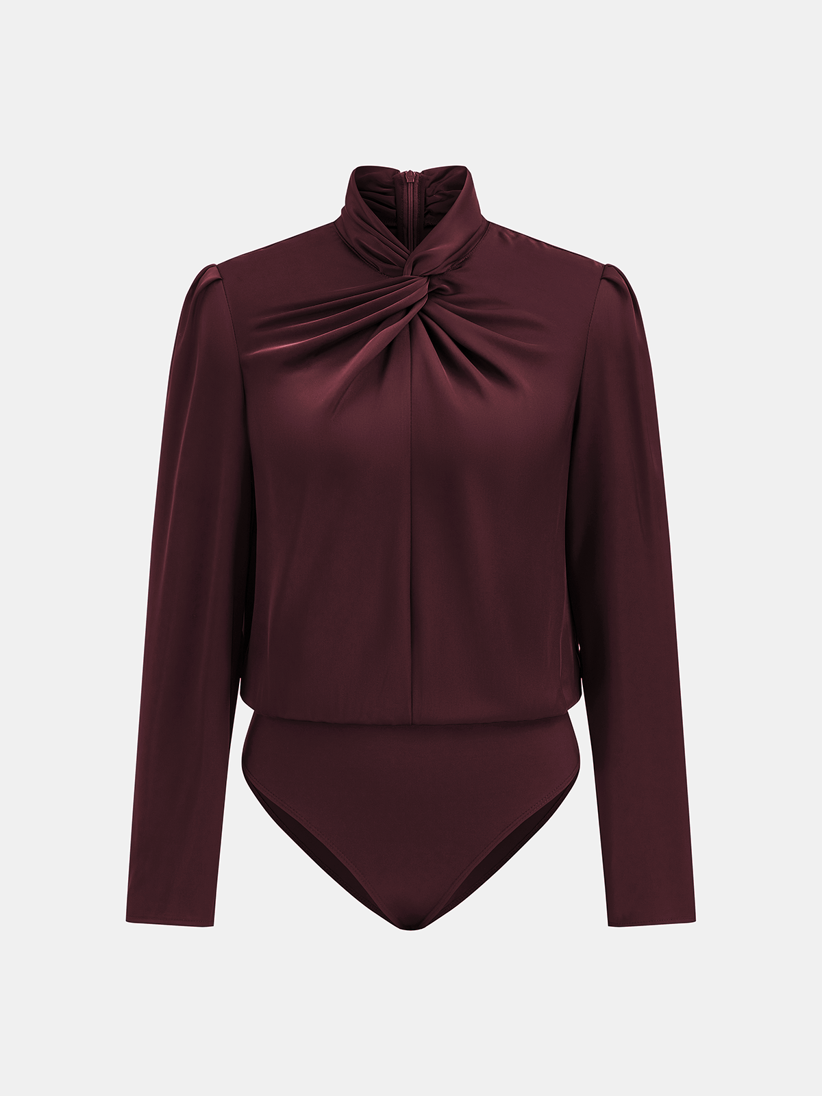 Twisted Mock Neck Long-Sleeve Satin Bodysuit, Elegant Women's Fashion Staple