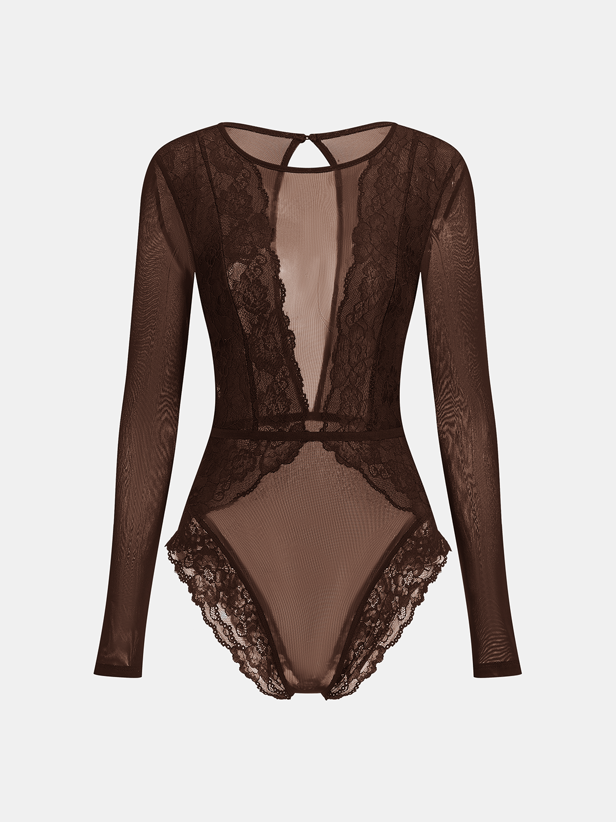 Long Sleeve Sheer Lace Mesh Bodysuit with Elegant High Neck Design
