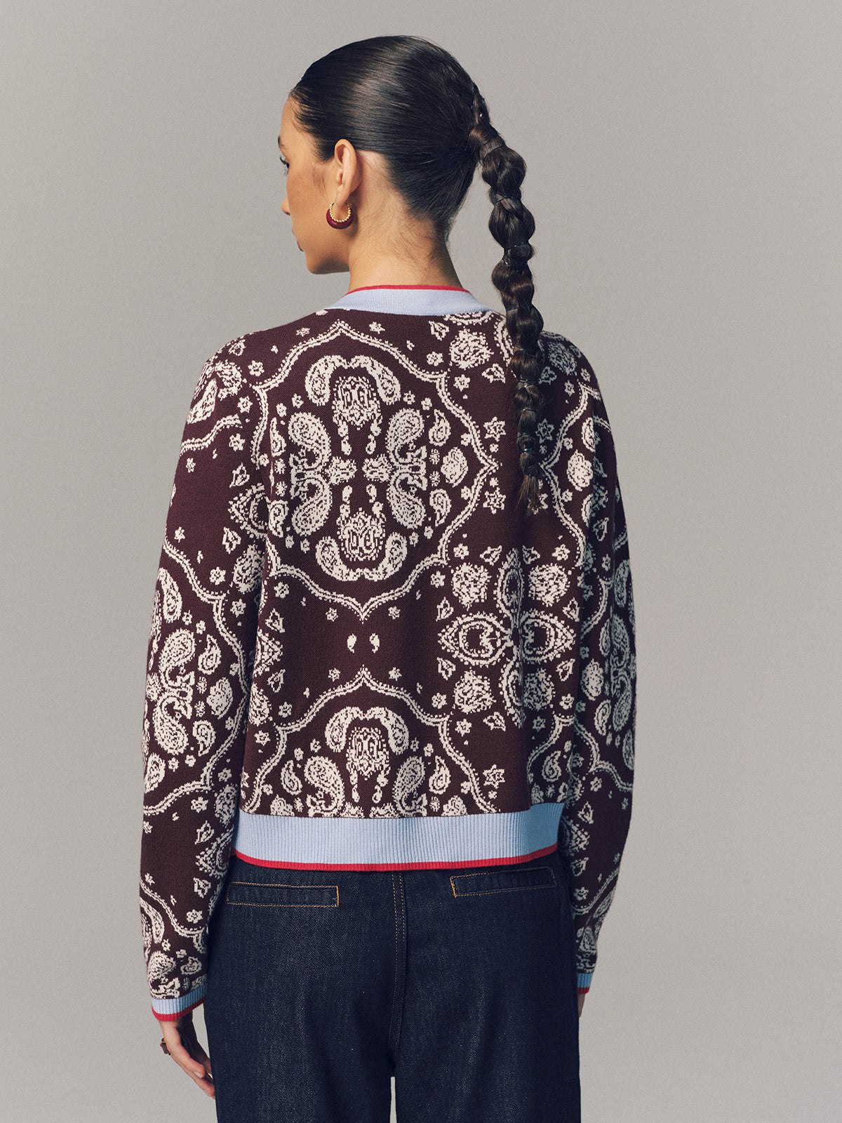 Contrast Trim Paisley Knit Cardigan Cozy Lightweight Sweater