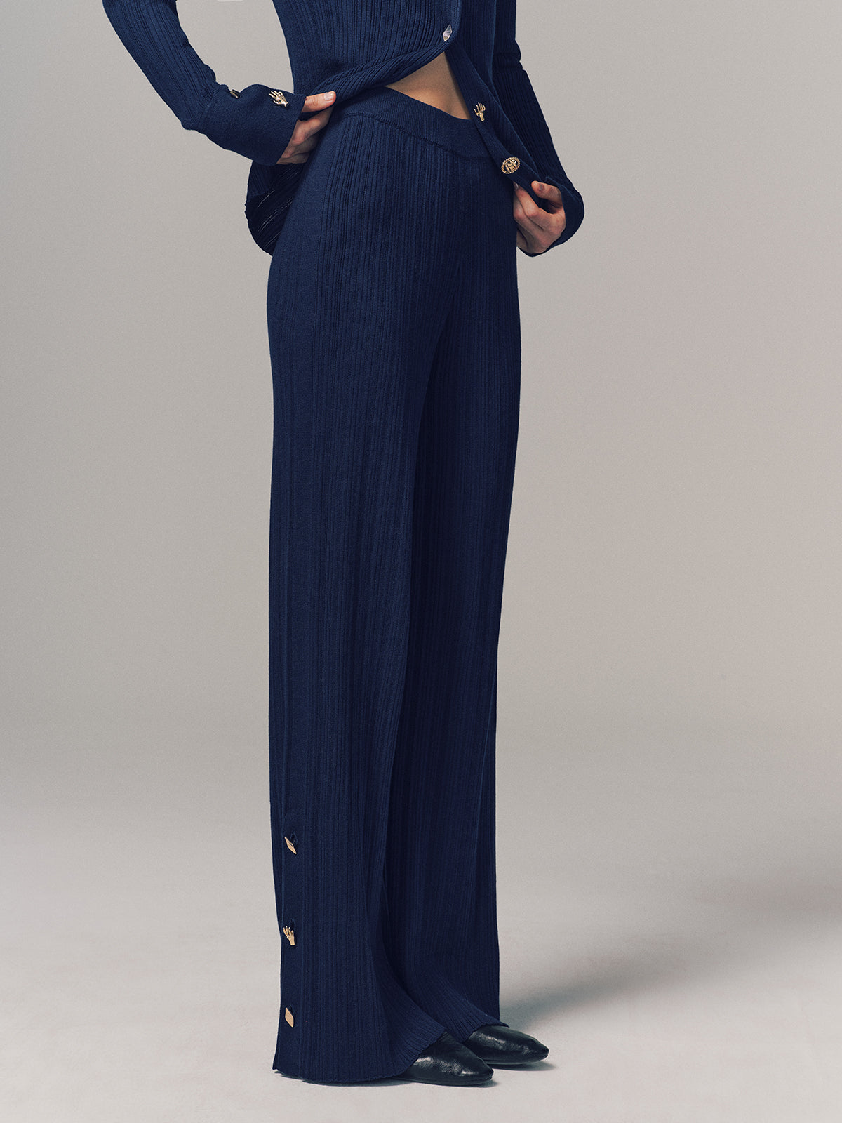 Textured Wool-Blend Metal-Detail High-Waist Slit Knit Pants for Women