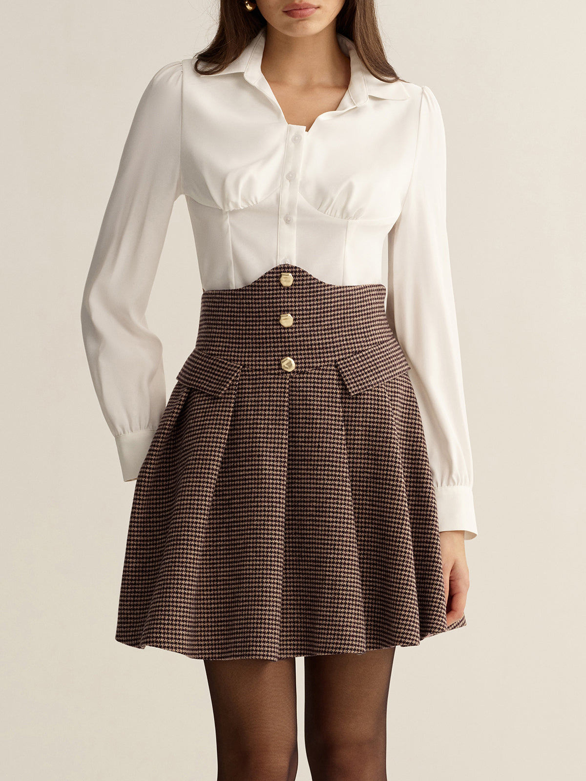 Houndstooth High-Waisted Pleated Mini Skirt Trendy Classic Print