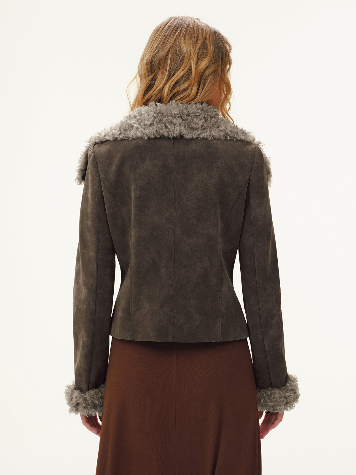 Shearling Collar Suede Effect Short Jacket for Women Classic Style