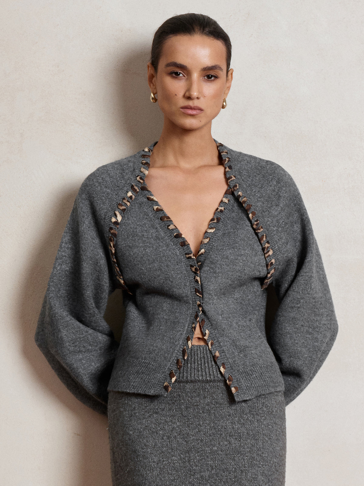 Lace-Up Trim V-Neck Cardigan with Long Sleeves