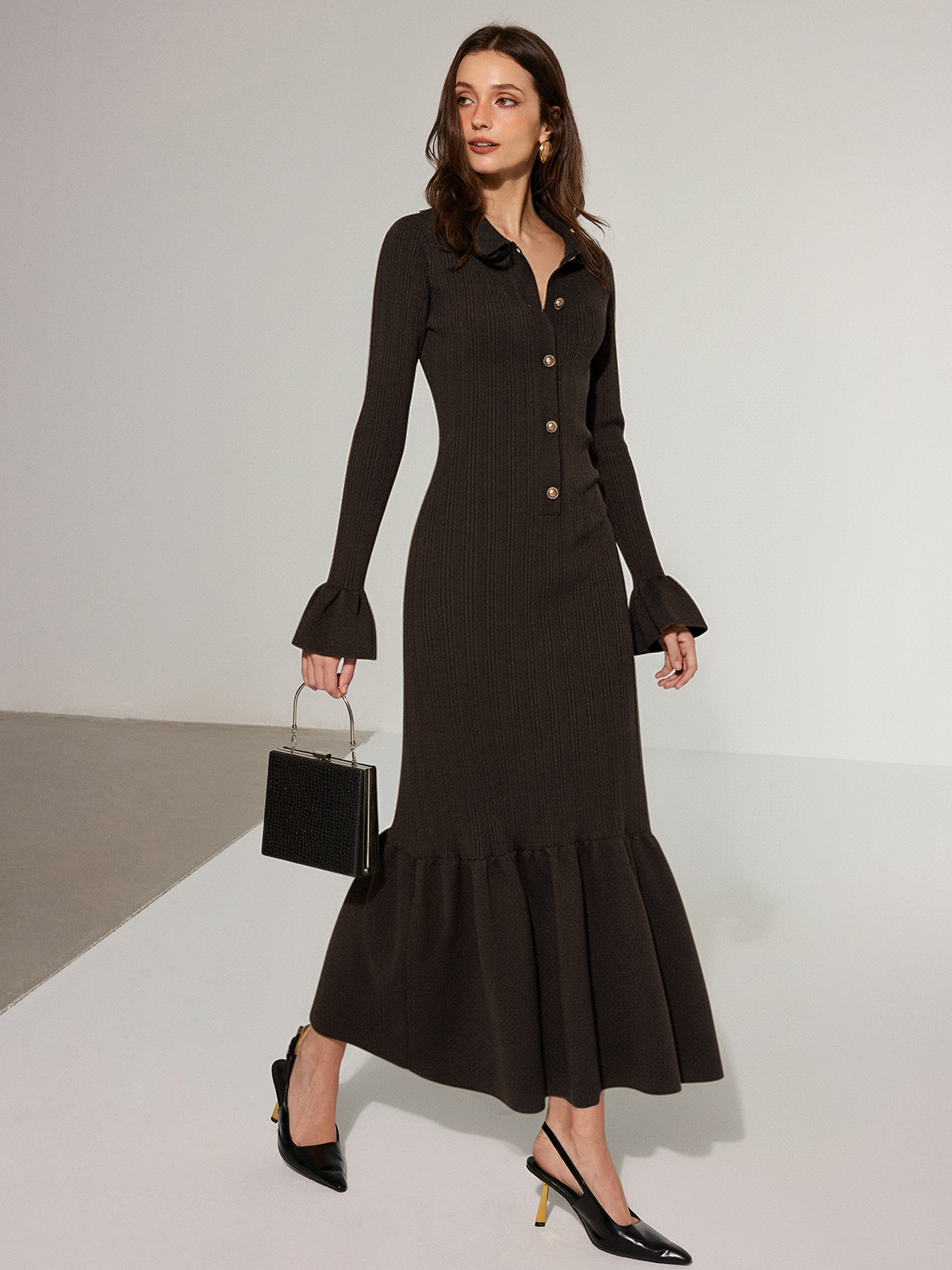 Mermaid Hem Collared Knit Maxi Dress - Elegant Long Sleeve Evening Gown