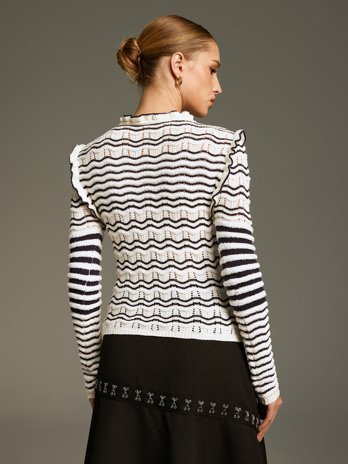 Ruffled Striped Openwork Knit Top Women Trendy Comfort Fit