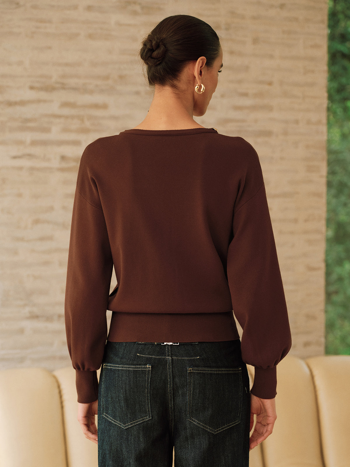 Asymmetric Metal Detail Sweater with Elegant Ribbed Trim