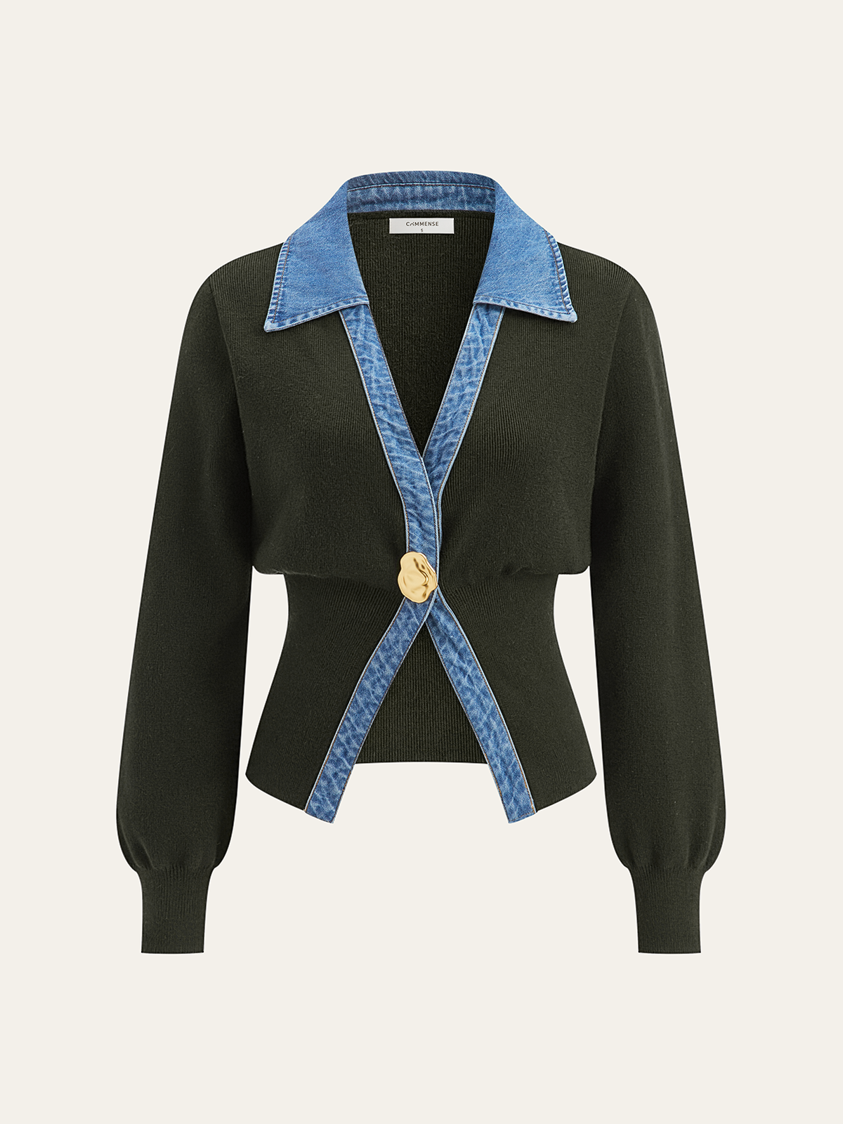 Denim Trim Metal Button Cardigan with Front Pockets for Women