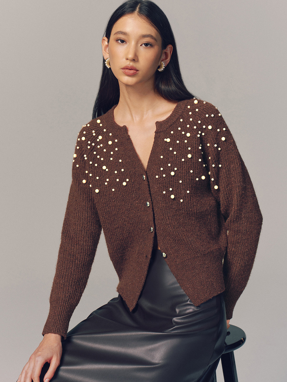 Pearl Embellished Wool Blend Cardigan with Elegant Button Details