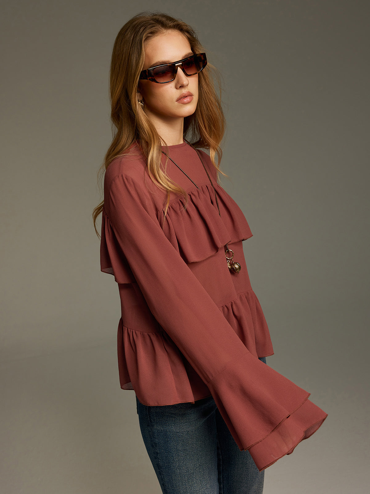 Bell Sleeve Chiffon Tiered Ruffle Blouse Elegant Women's V-Neck Top