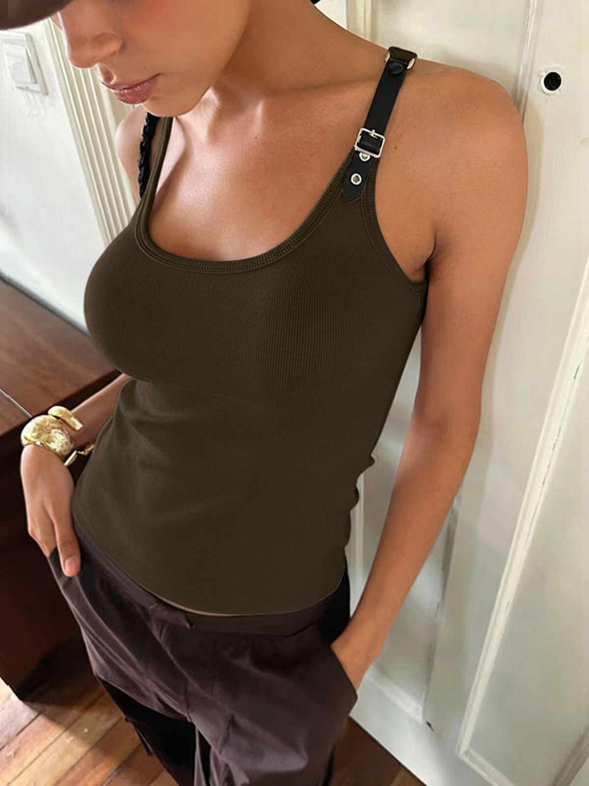 Ribbed Stretchy Faux Leather Buckle Vintage Tank Top with Adjustable Straps
