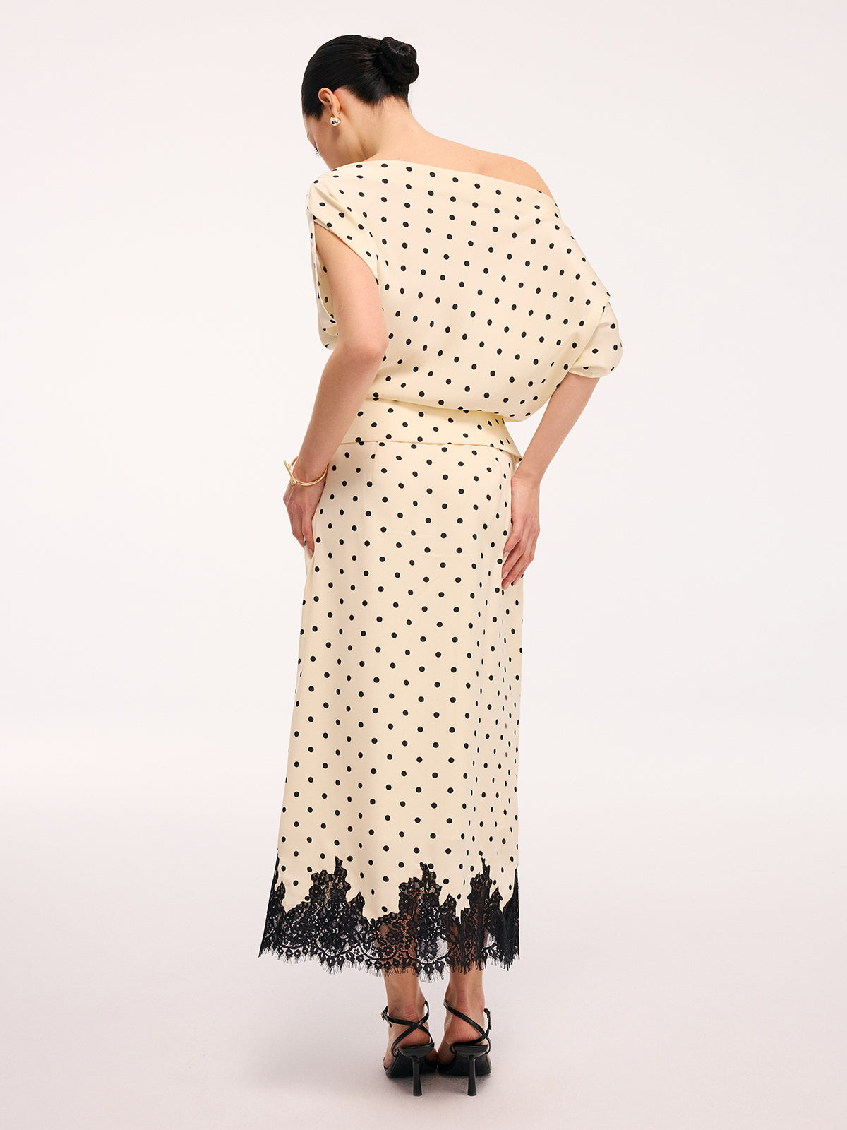 Polka Dot Top & Lace Trim Midi Skirt Set Classic Women's Outfit