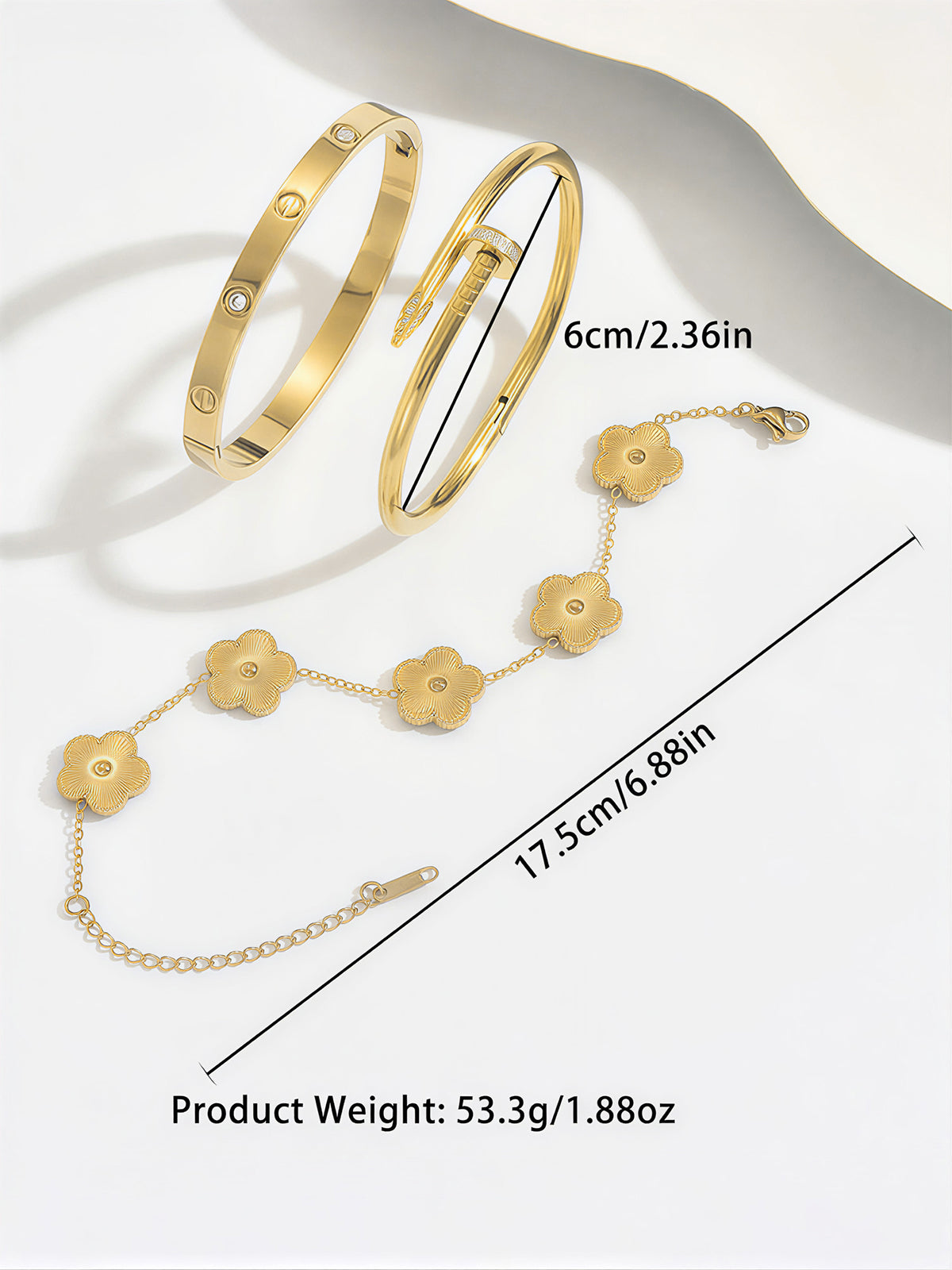 3pcs Screw & Nail & Clover Bracelet Set for Women, Trendy Mixed Design
