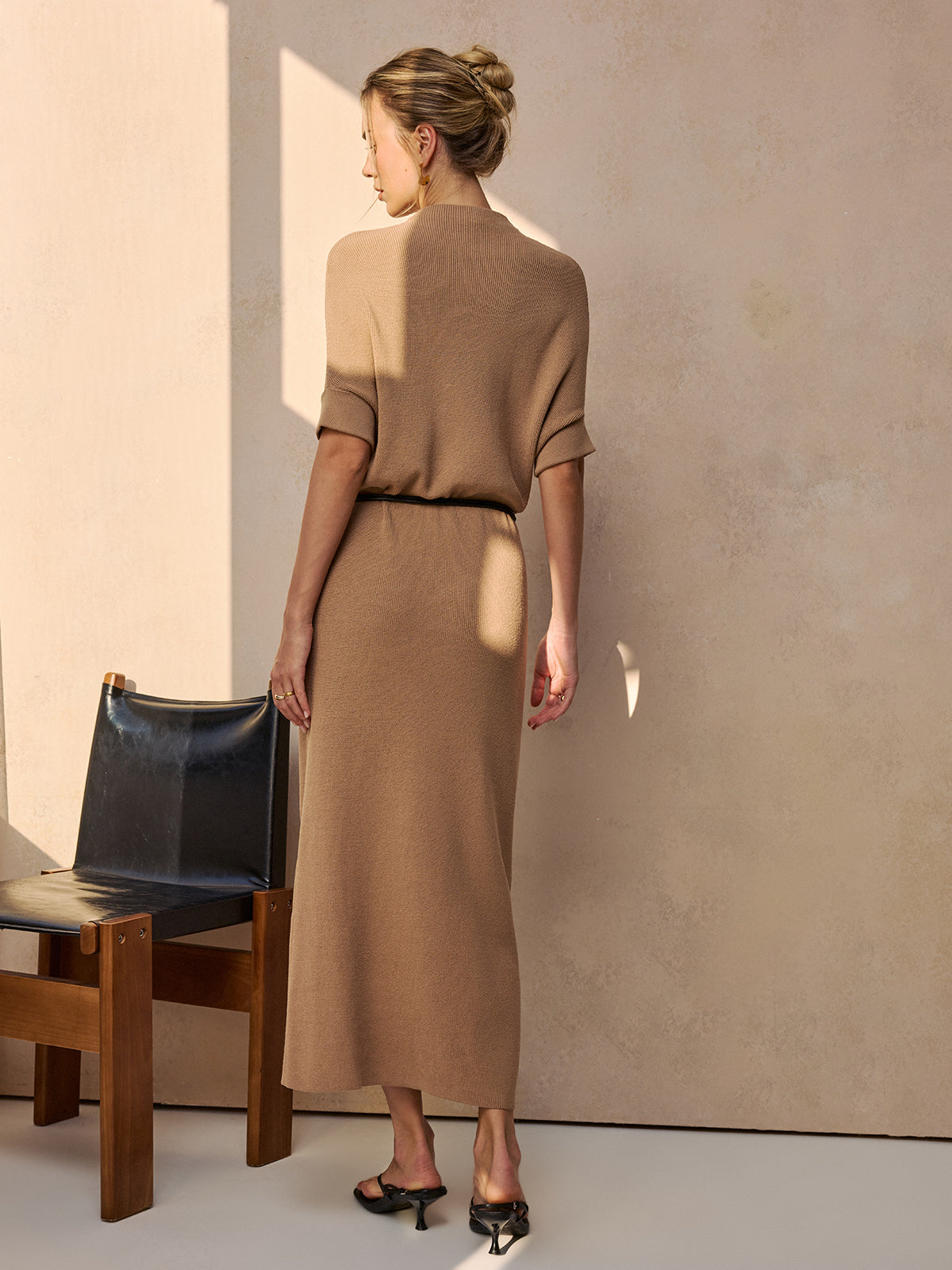 Belted Ribbed Knit Midi Dress for Women Casual Daywear