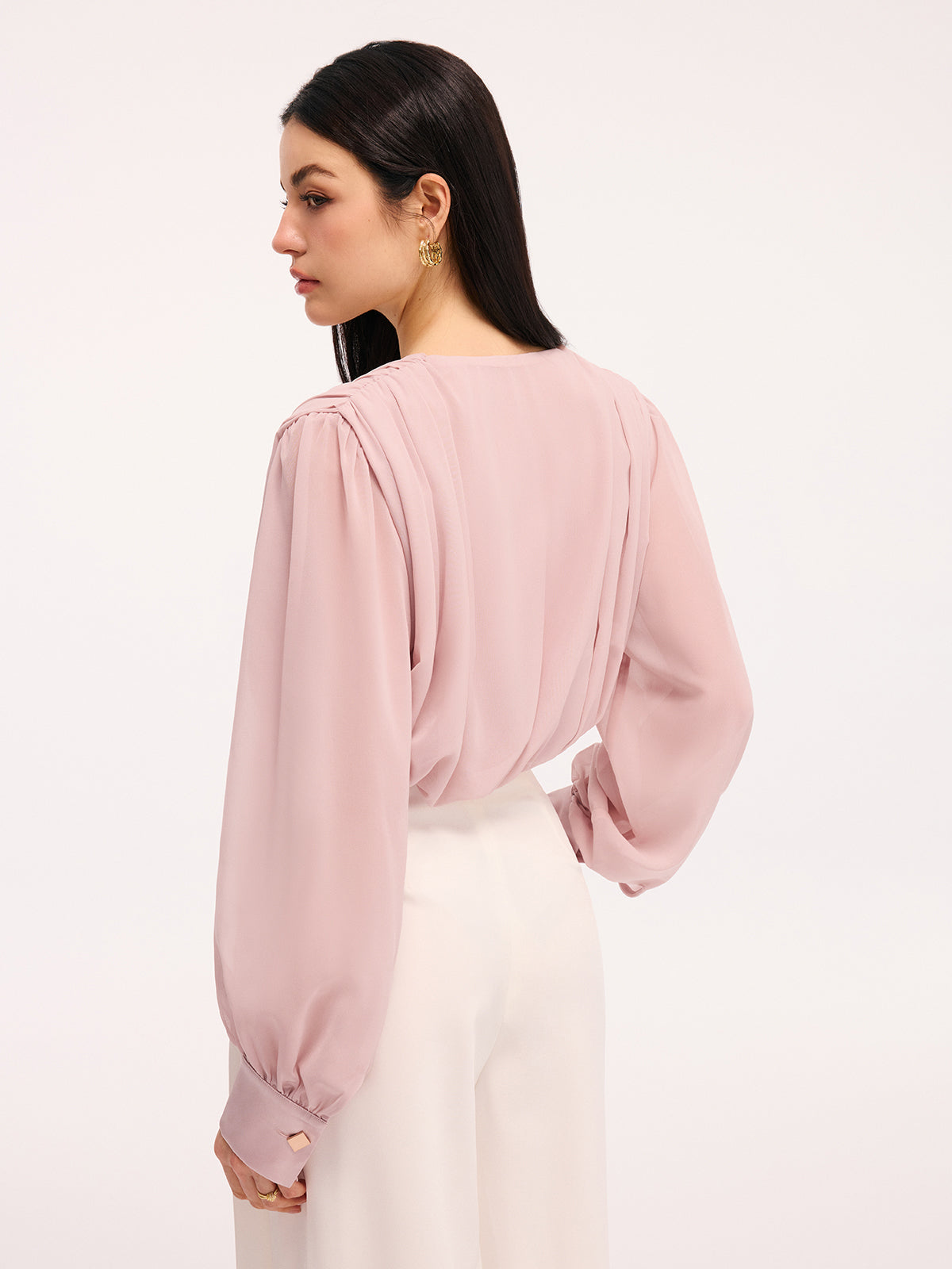 Pleated Deep V-Neck Long Sleeve Bodysuit with Stretch Fit Closure