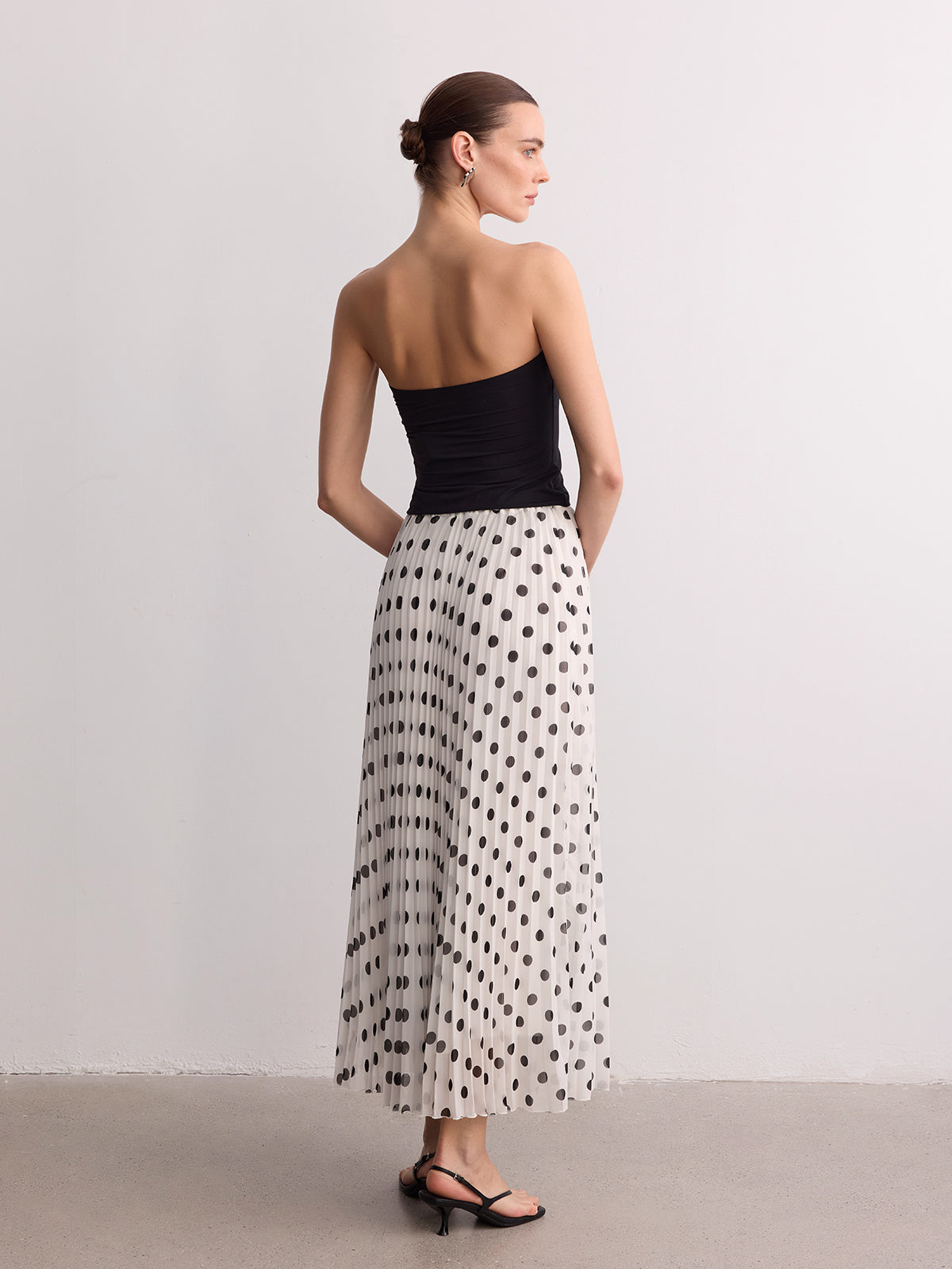 Pleated Polka Dot Maxi Skirt for Women with Elastic Waist