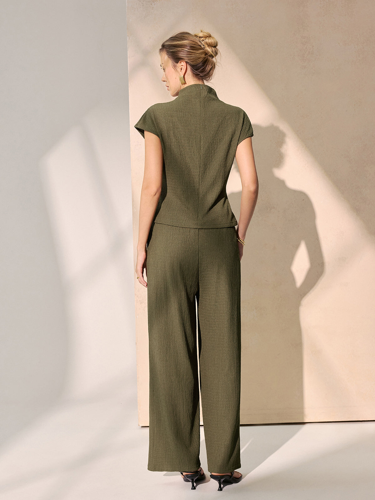 Tie-Waist Textured Knit Top & Pants Set for Women, Casual Outfit