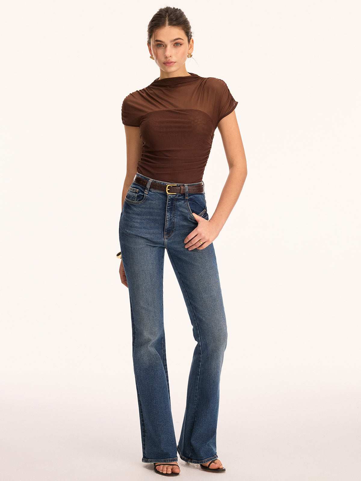 Mesh Ruched Mock Neck Top with Long Sleeves for Women