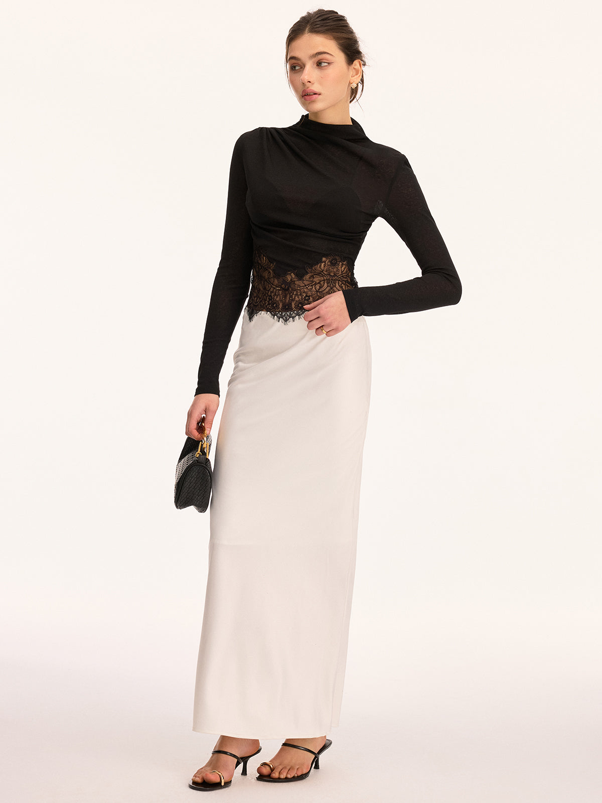 Lace Panel High Neck Long Sleeve Knit Top Comfortable Elegant Design