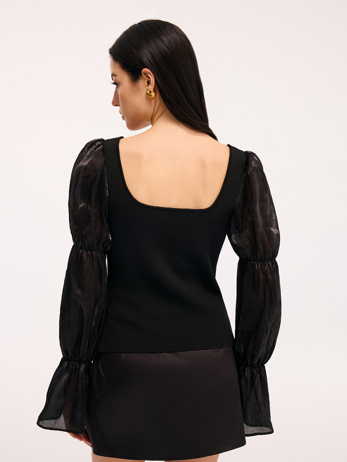 Metal Button Puff Sleeve Knit Square Neck Top, Women's Casual Fashion Sweater