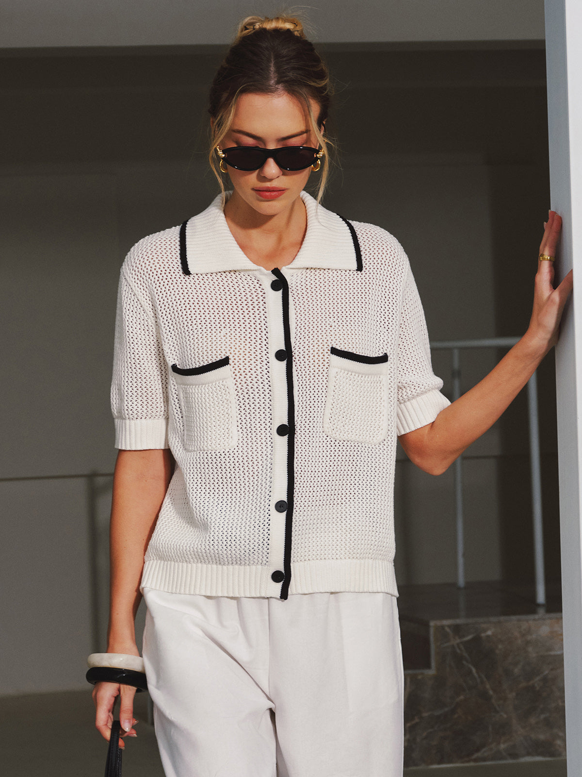 Collared Contrast Trim Open Knit Cardigan with Button Closure Detail