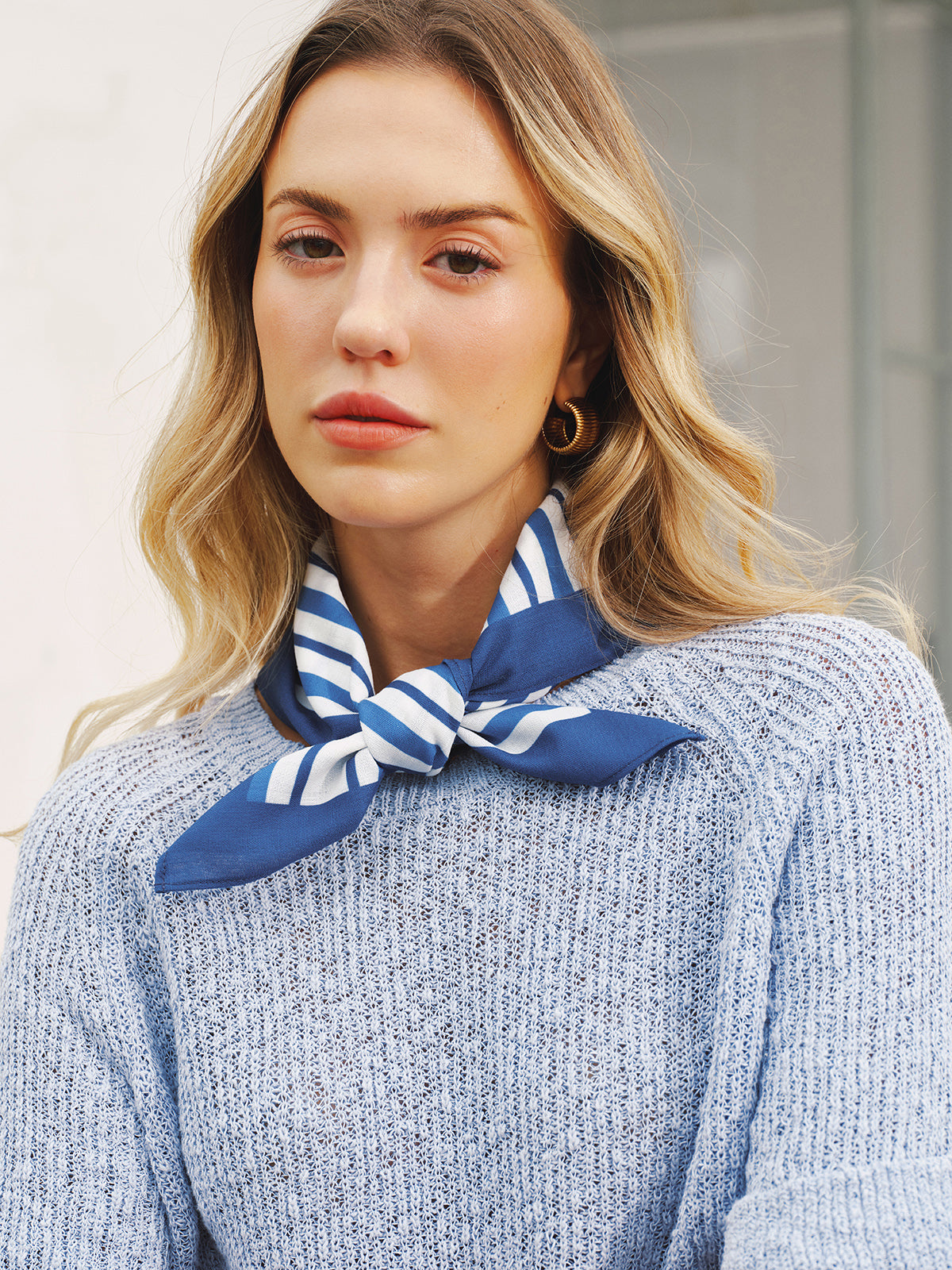 Open Knit Short Sleeve Sweater with Striped Scarf, Lightweight Casual Summer Style