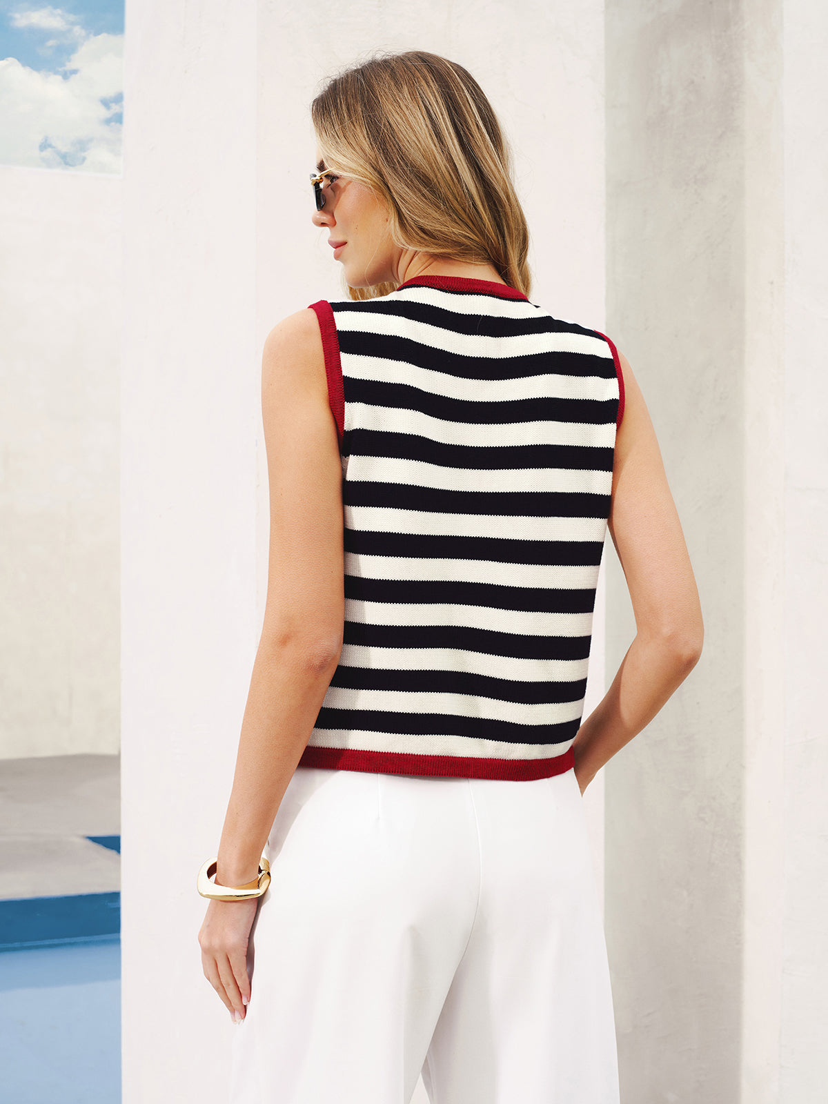 Striped Sleeveless Buttoned Sweater Vest for Casual Layering