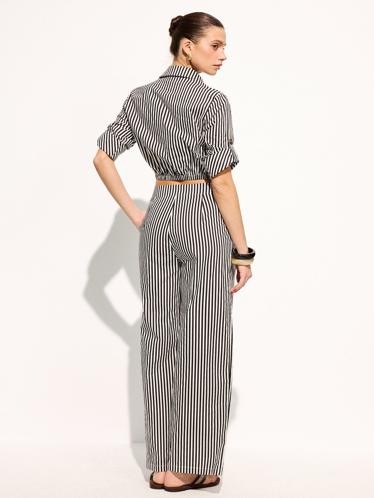Striped Cropped Shirt & Wide Leg Pants Set for Summer Casual Wear