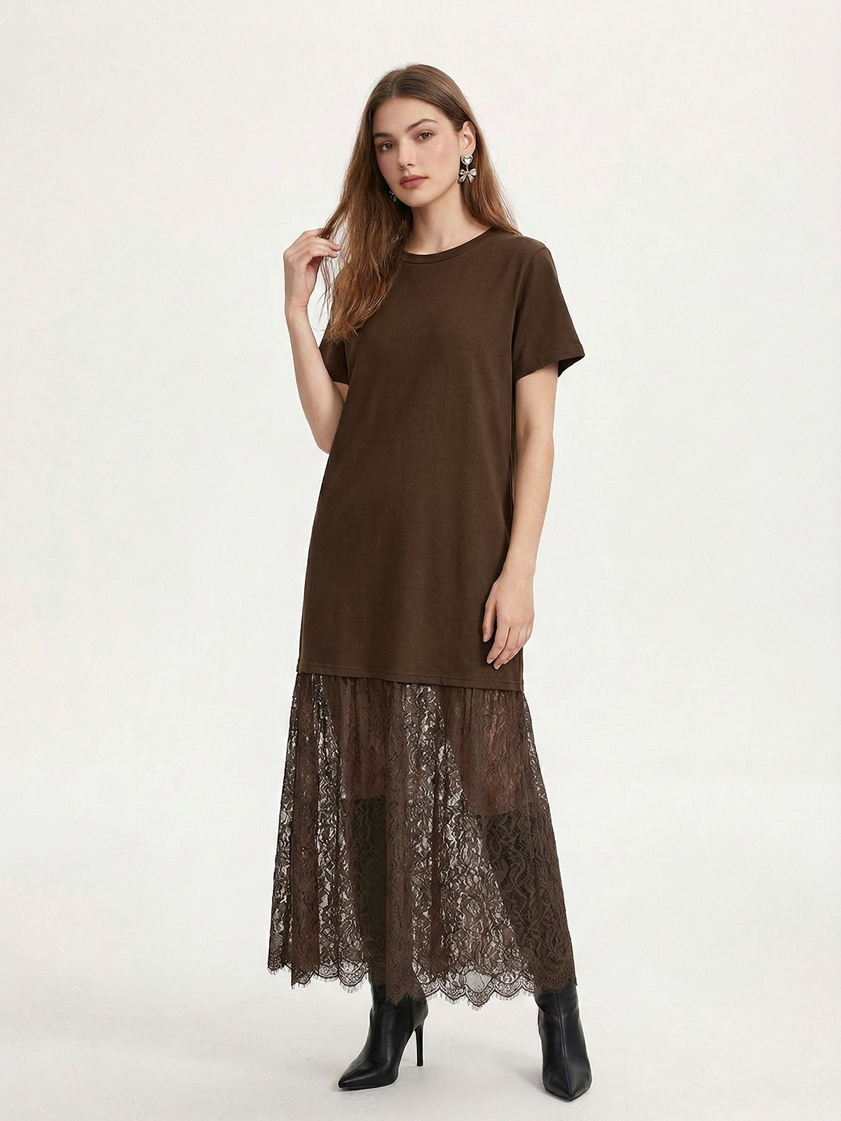 Lace Panel Short Sleeve Maxi Dress for Elegant Evenings