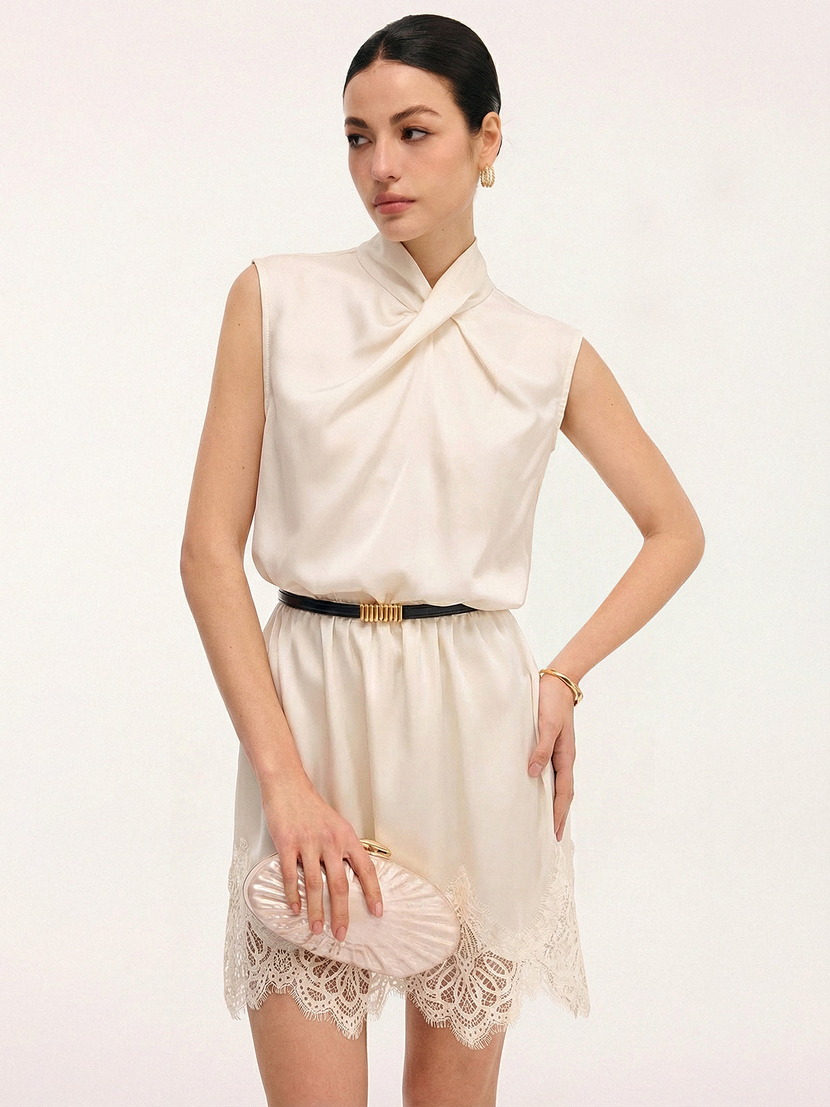 Lace Trim Satin Cross Neck Sleeveless Dress for Elegant Evenings