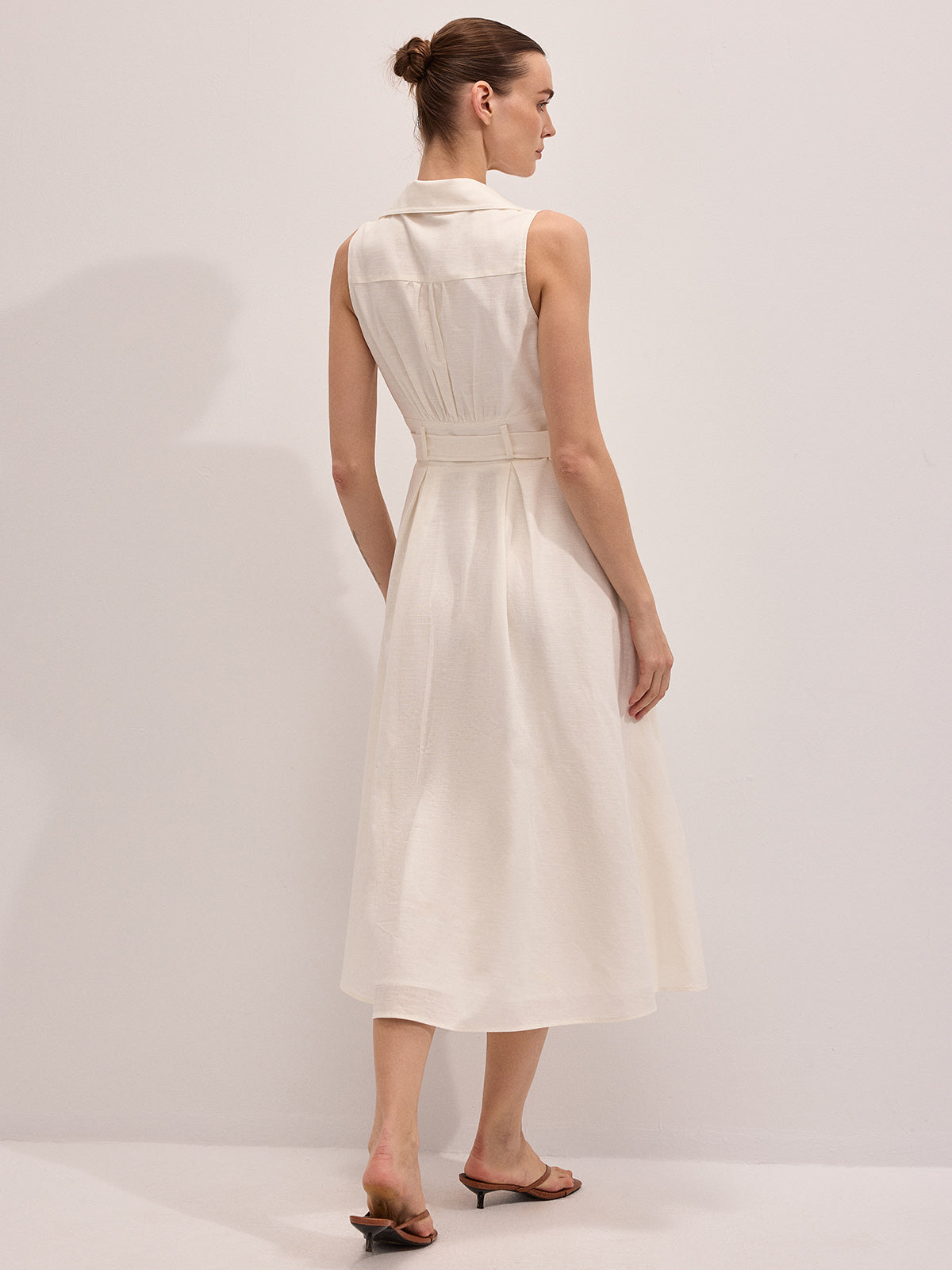 Cotton Linen Sleeveless Belted Midi Dress for Women Summer Casual