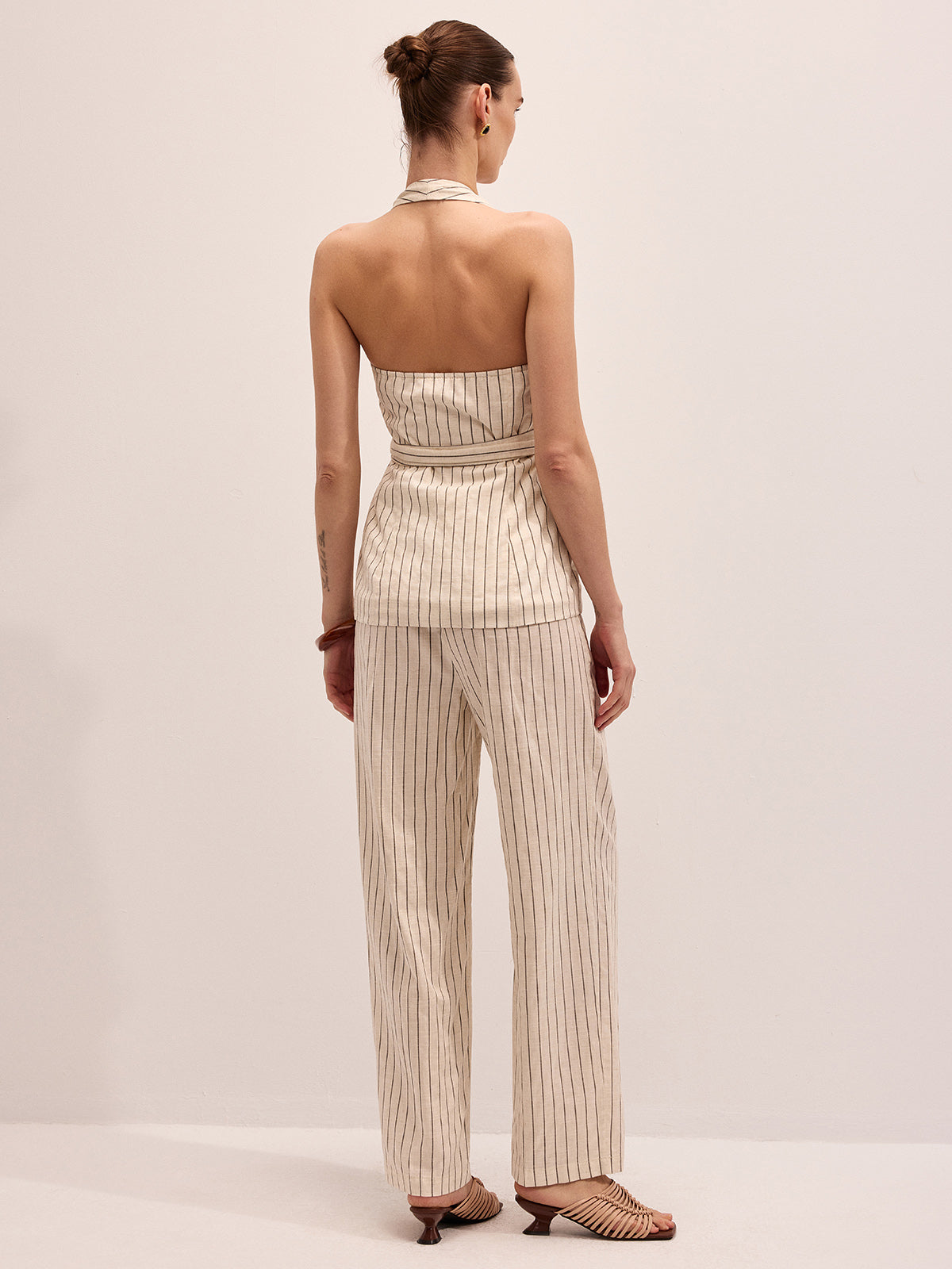 Striped Cotton Linen Halter Vest & Pants Set for Women, Lightweight Summer Outfit