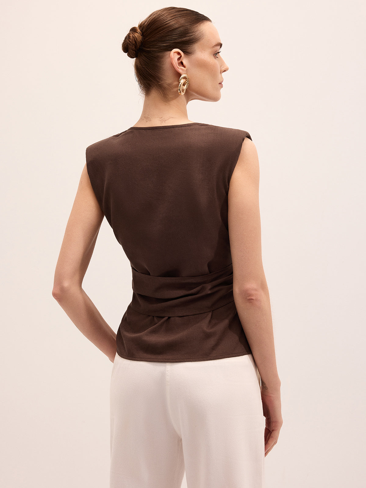 Tie-Waist V-Neck Linen Blend Sleeveless Blouse Women's Summer Casual Top