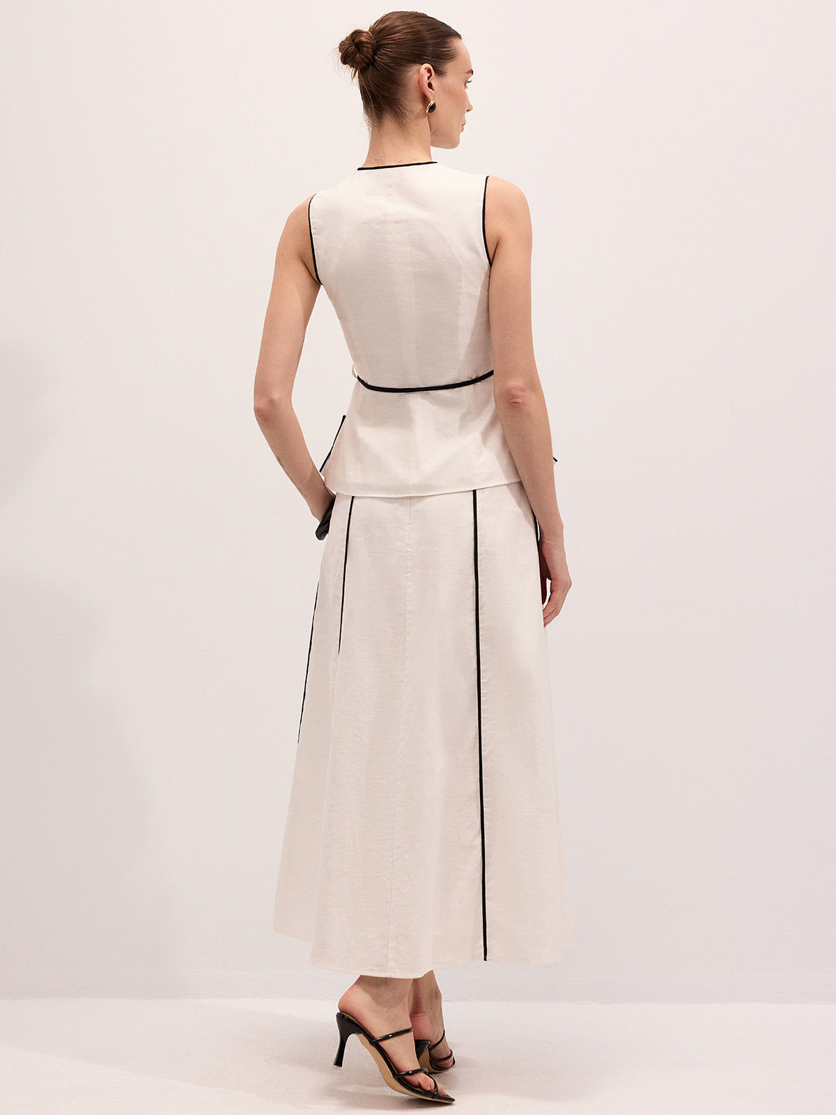 Semi-Sheer Cotton Linen Contrast Piping Top & Maxi Skirt Set for Women Summer Casual