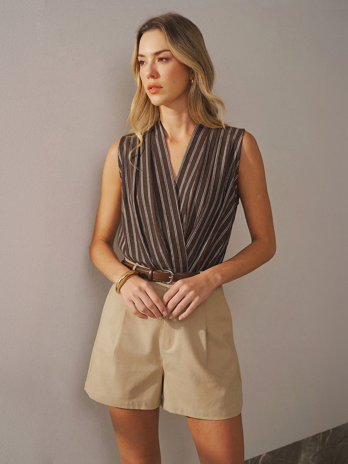 Cotton Linen Striped Sleeveless Wrap Bodysuit for Women Summer Casual