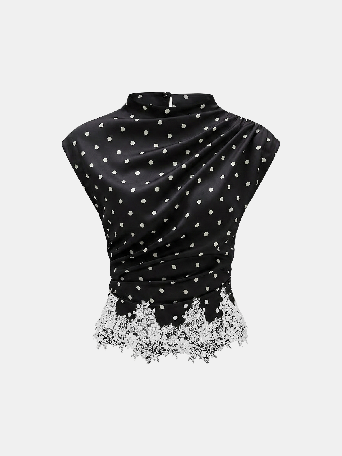 Polka Dot Ruched Lace Hem Sleeveless Blouse Women's Casual Fashion Top