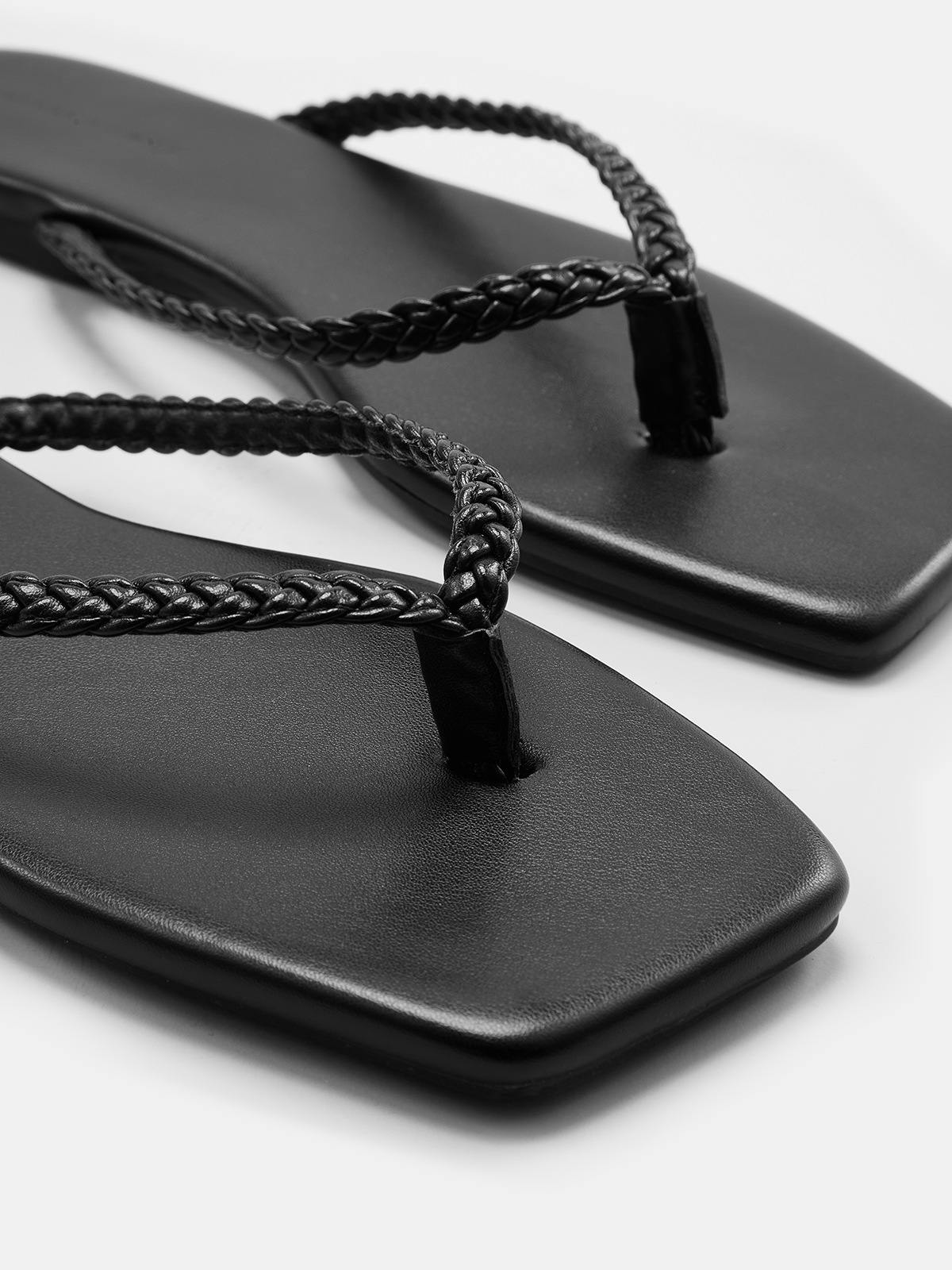 Cow Leather Square Toe Braided Thong Flip-Flops with Durable Outsole
