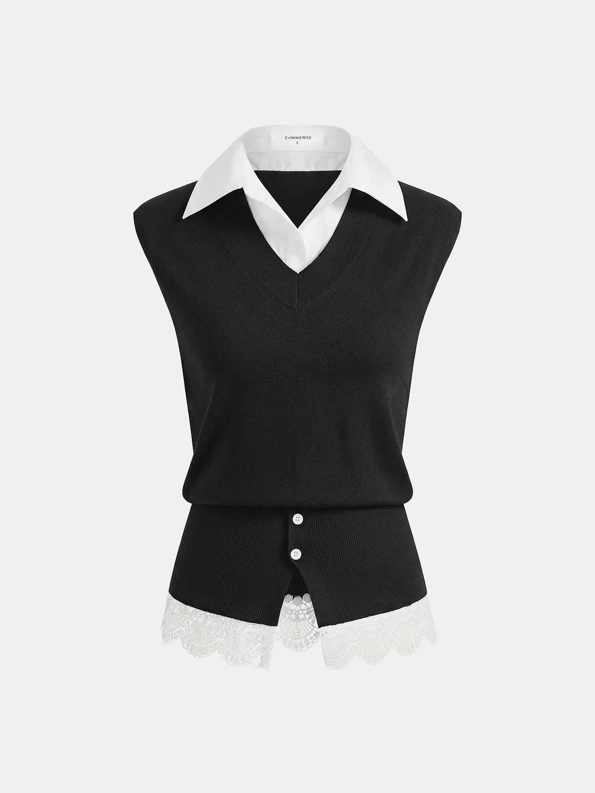2 in 1 Collared Lace Hem Knit Vest Stylish Layered Look Pullover