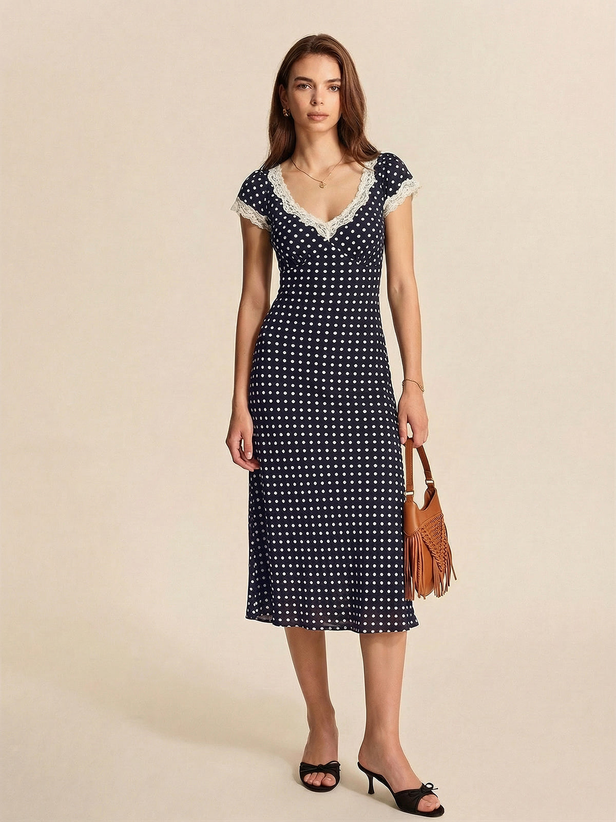 Polka Dot Lace V-Neck Maxi Dress Elegant Flowy Evening Wear