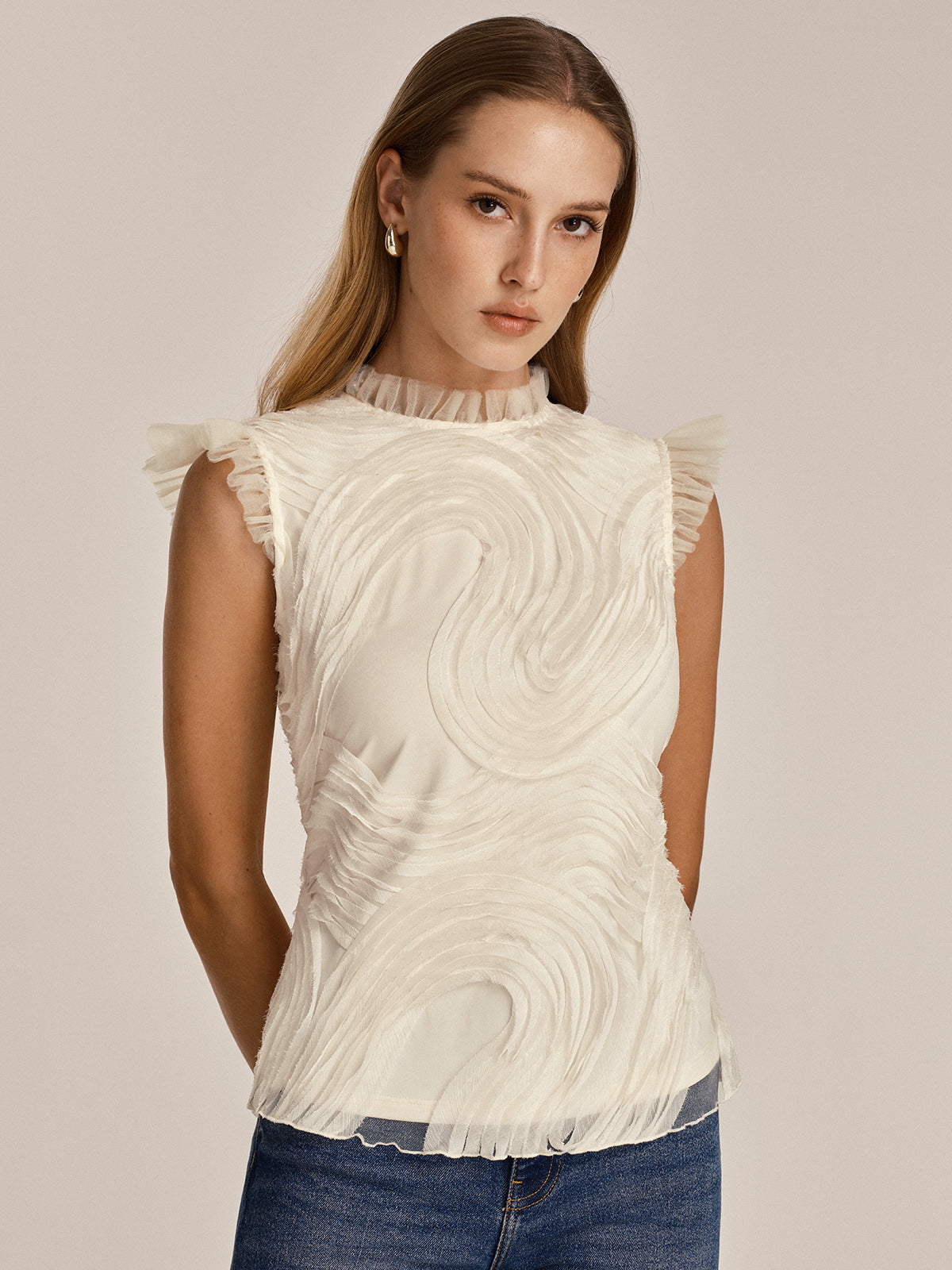 Textured Ruffled Mesh Tank Top for Women Summer Casual