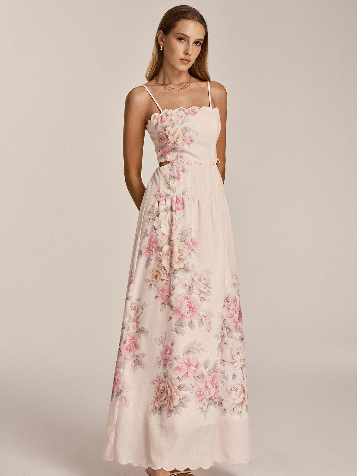 Floral Print Cut-Out Cami Maxi Dress with Adjustable Straps
