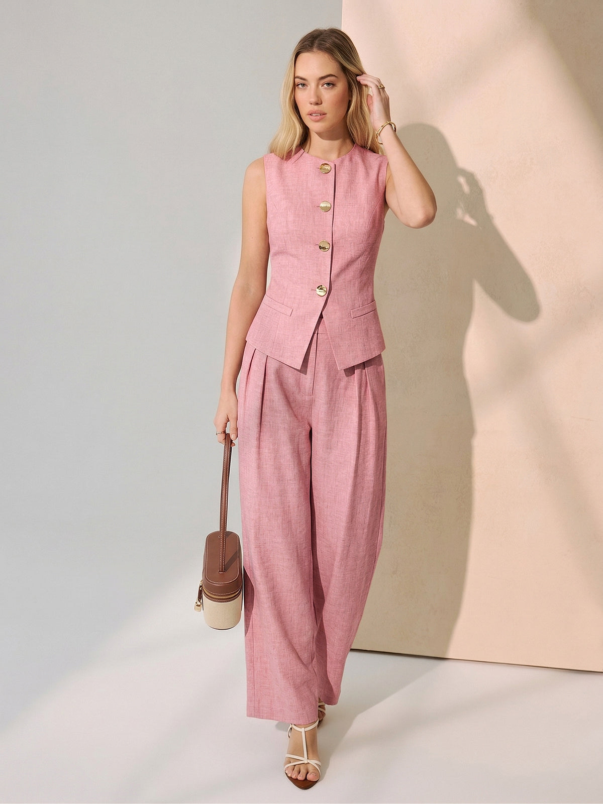 Metal Button Vest & Wide-Leg Pants Set with Tailored Fit, Fashionable Office Wear Ensemble
