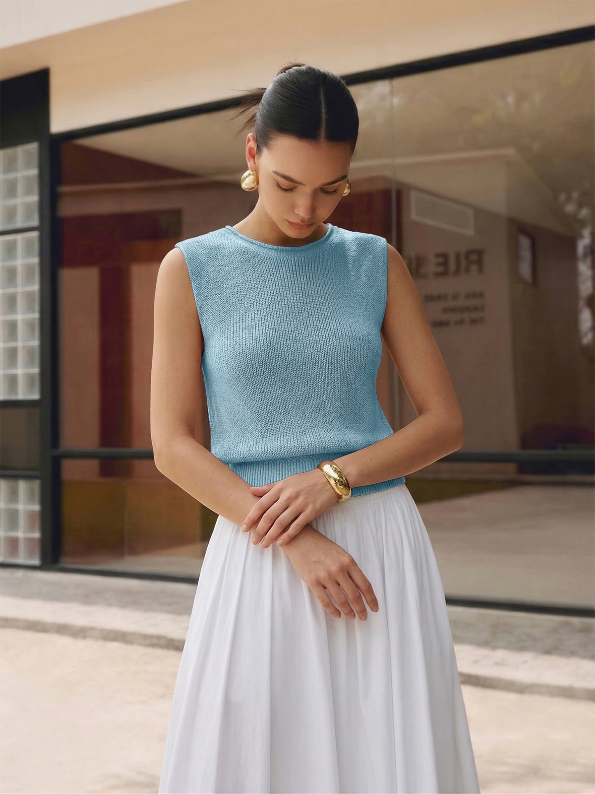 Bloused Waist Sleeveless Knit Top Comfort Fit Women's Apparel